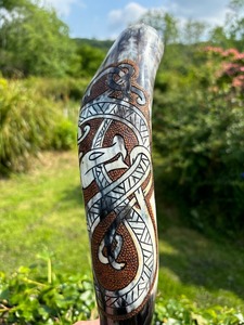 Handmade Eco-Friendly Religious Viking Drinking Horn <b>Mug</b> Natural Buffalo Horn Cup with Leather Strap Wooden <b>Stand</b> From India - Product Image 5