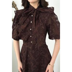 Vestido Azul con Lazo Marrón - Marrón - Product Image 3