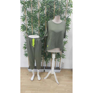 Conjunto de Dos Piezas para Mujer, Blusa de Manga Corta con Cuello Redondo de Viscosa de Dos Hilos y Pantalones, 37759 - Caqui - Product Image 5
