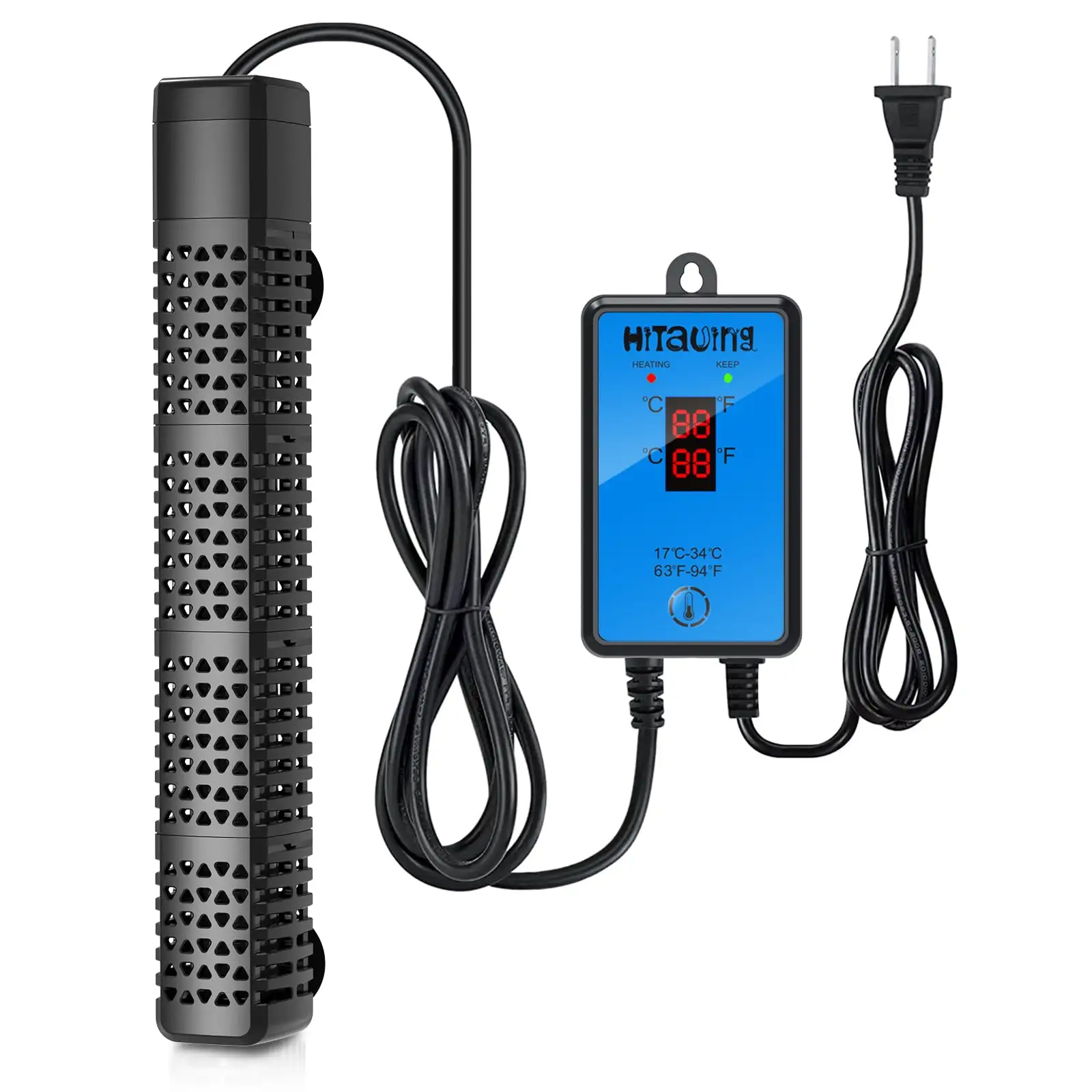 Calentador de agua sumergible para tanque de peces de 500W con controlador de temperatura externo, pantalla LED de temperatura adecuada para 75-135 galones