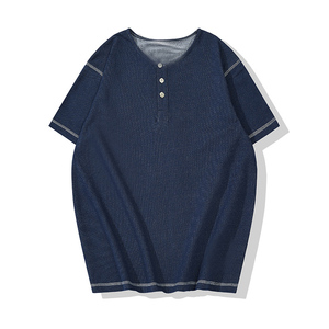Oem logotipo personalizado diseño de punto de mezclilla en color azul cuello Henry Camiseta de manga corta Top cosido elástico camiseta - Product Image 5