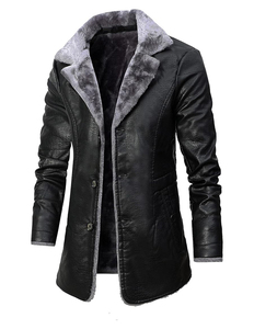 Premium Quality <b>Men's</b> Faux Leather <b>Jacket</b> Thick Faux Fur <b>Shearling</b> Lapel Collar Botton Down Long Trench Coats Black Brown - Product Image 1