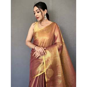 Encantador Sari de Seda Tejida con Zari Marrón con Blusa para Fiestas y Bodas - Product Image 2