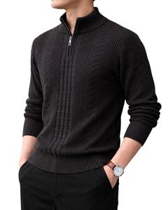 <b>Men</b> Quarter Zip Knit Sweater Solid Black Textured Cable Pattern Warm Winter Casual Pullover OEM Custom High Quality For <b>Men</b> - Product Image 1