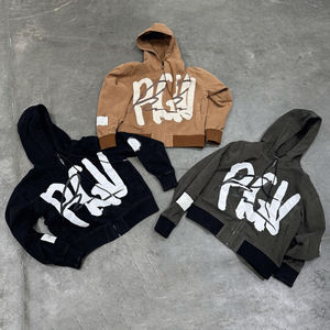 Pull-over vierge de haute qualité en éponge française en détresse avec logo personnalisé, sweat à capuche zippé vintage lavé à l'acide pour hommes - Product Image 1