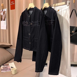 Veste en jean noir femmes mode col rond simple boutonnage manteaux amples Design coréen rétro lavé haut court printemps automne - Product Image 4