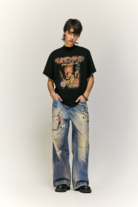 กางเกงยีนส์ขาตรงของผู้ชายเอวกลางกางเกง100% ผ้าฝ้ายพิมพ์ลายดิจิตอลแบบกำหนดเองกางเกงเอวสูงสไตล์สตรีท - Product Image 2