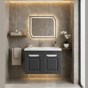 Conjunto de Muebles de Baño Modernos para Apartamento, Montados en la Pared, Gabinete de MDF Acolchado Color Antracita, Lavabo de Cerámica, Espejo LED Táctil de 100 cm - Product Image 6