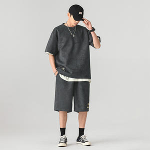 High Quality <b>Men's</b> Summer Set Vintage Washed T-shirt and <b>Short</b> Set <b>Short</b> Sleeve Top Two Piece Custom LOGO Tracksuit Set - Product Image 1