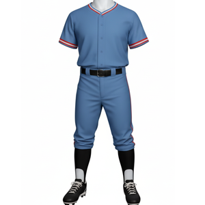 Ensemble uniforme de baseball bleu clair athlétique, maillot de performance à boutons complets avec bordure contrastée rouge et blanche et pantalon d'équipe assorti - Product Image 1