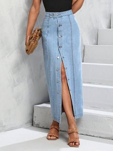 Falda midi vaquera de cintura alta para mujer, color liso, con botones frontales, abertura, estilo lápiz, casual, de algodón lavado a la piedra, estilo primavera - Product Image 2