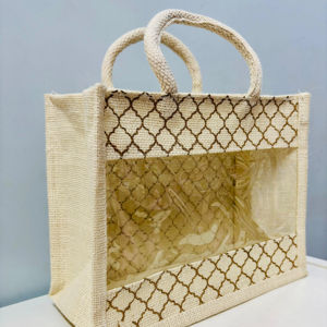 Bolsas de regalo de yute bohemias XL Ventana de PVC transparente Cremallera duradera cruzada de moda para cesto a granel Embalaje personalizable - Product Image 3