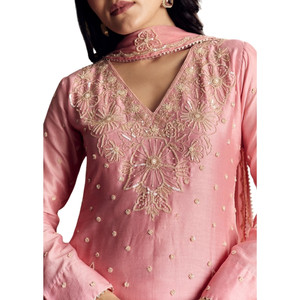 All'ingrosso rosa pastello Chanderi Sharara completo con paillettes Cutdana per festa di nozze, ricevimento festivo e ordini etnici personalizzati - Product Image 4