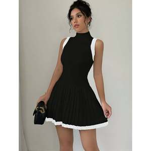Vestido mini de punto con corte ajustado y ribete en contraste para mujer - Product Image 1