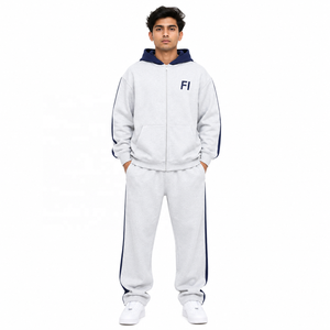 Oversized Color block <b>Zip</b> <b>Hooded</b> Sweatshirts Tracksuit Heavyweight Drop Shoulder Wide leg Joggers and Crop Hoodies set Wholesale - Product Image 1