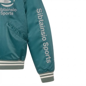 Chaqueta Bomber de Satén Color Verde Azulado con Cuello, Puños y Dobladillo de Punto Acanalado con Rayas Bordadas y Botones a Presión, Chaqueta de Béisbol Premium OEM - Product Image 5