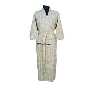 Eco Friendly Colorful Floral 100% Cotton <b>Long</b> Women <b>Kimono</b> Kantha Winter <b>Robe</b> Fabric Ethnic Traditional Vintage Indian Handmade - Product Image 2