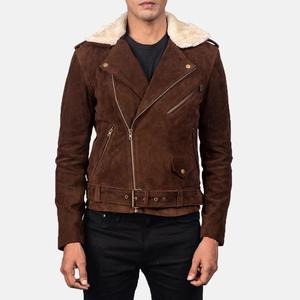 Blouson aviateur en daim marron pour homme avec col en peau de mouton, fermeture éclair et poches à rabat, coupe décontractée, idéal pour l'automne - Product Image 1