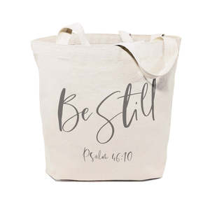 กระเป๋าผ้าแคนวาสลาย "Be Still Psalm 46:10" พร้อมงานปักและตกแต่งตัวอักษร ปิดแบบเปิดและมีเชือกผูก เหมาะสำหรับทุกฤดูกาล - Product Image 1