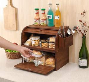 Natural Bamboo Bread <b>Box</b> for Kitchen Countertop Assembly Layer <b>Roll</b> Top Bread Storage Container with Silverware Basket - Product Image 4