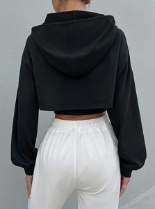 Sudadera Corta con Capucha para Mujer, Diseño Color Block en Negro y Blanco, Manga Larga, Tejido de Algodón, Ropa Casual de Otoño - Product Image 2