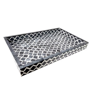 2025 nueva llegada calidad Premium decorativo marroquí patrón hecho a mano diseñador gris hueso incrustaciones bandeja para servir forma rectangular - Product Image 1