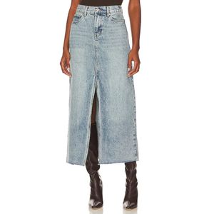 Gonna lunga casual in denim blu da donna Steve Madden, con stampa vintage e spacco frontale, silhouette a tubino per primavera, estate, autunno - Product Image 1