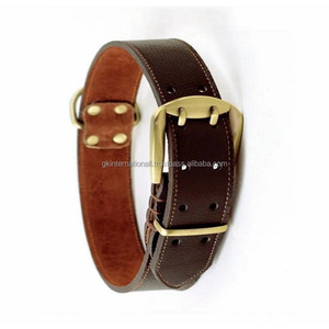 Collar de perro de cuero de grano marrón sólido, diseño personalizado de alta calidad, collar y accesorios para mascotas de cuero de 2 pulgadas de ancho a precio barato - Product Image 1