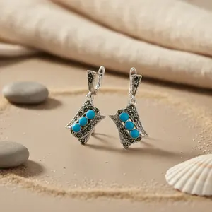Boucles d'oreilles clous en argent sterling 925 avec marcassite et turquoise pour femmes, cadeau mignon pour mariage, fiançailles, anniversaire avec diamant, rubis, perle - Product Image 1