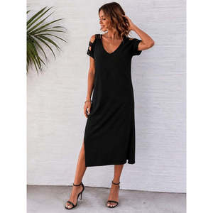 Robe en viscose à manches courtes avec détails latéraux, 37829 - Noir - Product Image 3