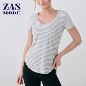 Camiseta de Verano Casual para Mujer, Cuello en V, Tejido Elástico, Corte Regular, Diseño a Rayas con Bloques de Color, Transpirable, Ecológica y Bonita - Product Image 1