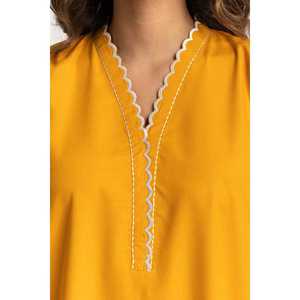 ชุดเซ็ตผ้าเครปปักลายผสมผสานสีมัสตาร์ดสำหรับผู้หญิง ชุดสองชิ้นความยาวเหนือเข่า ไซส์ XS และ XXS - Product Image 2