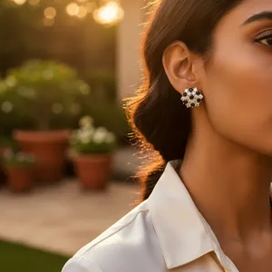 Boucles d'oreilles clous en argent 925 pour femmes, noir, blanc, multicolores, design géométrique tendance, pour fiançailles, mariage, fête, cadeau de bijoux - Product Image 1