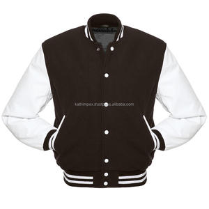 Unisex College Outerwear Custom Varsity Jacket <b>Wool</b> Body Leather Sleeves Brown <b>White</b> Embroidery Snap Button Closure Ready Spring - Product Image 1