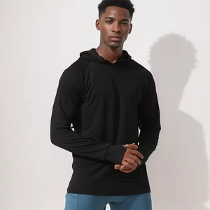 Men's Breathable Quick Dry Sports <b>Hoodie</b> with <b>Thumb</b> <b>Hole</b> Pullover and Front Logo for Running Fitness Training - Product Image 2