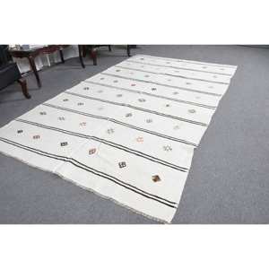 Tapis de salon moderne en laine blanche de 5.4x8,9 pieds avec motif patchwork rayé et support en latex de style turc - Product Image 3