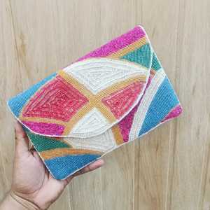 Filles Boho Vintage Style Sac de soirée fait à la main géométrique multicolore perlé Sequin broderie chaîne décoration écologique quotidien - Product Image 1