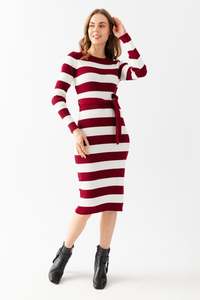 Women Knitwear Crew Neck <b>Dress</b> Long Sleeve Flexible Striped <b>Warm</b> Belt Detail High Quality <b>Winter</b> New Fashion OEM Services - Product Image 2