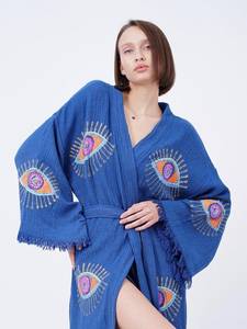 Kimono bohemio bordado hasta el suelo para mujer, vestido caftán de algodón con fajas y patrón de ojos, cubierta de playa hecha a mano - Product Image 4