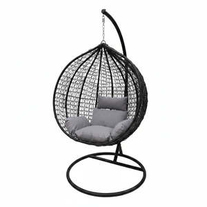 Hanging Egg <b>Chair</b> Black with Stand and <b>Grey</b> Cushion - <b>Rattan</b> Outdoor Swing <b>Chair</b> - Product Image 3