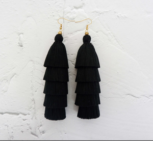 Handmade Magic <b>BLACK</b> Layered Tassel <b>Earrings</b>, Fringe <b>Earrings</b>, Tiered Tassel <b>Earrings</b> Fringe Tassel <b>Earrings</b> - Gold - Long - Product Image 1