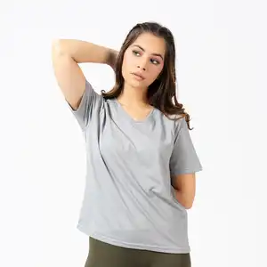 Camiseta de algodão oversized para mulheres, camiseta branca com gola em U e manga cotovelo, roupa americana, blusa com colcha, ideal para mulheres