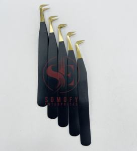 Pinces à cils professionnelles de haute qualité en fibre dorée, logo personnalisé, noir mat, volume pointu, acier inoxydable solide, Somofy - Product Image 6