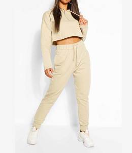 Sudadera recortada de invierno informal para mujer 2022, conjunto de chándal, Sudadera con capucha de lana con estampado sólido, jersey técnico bordado, Joggers - Product Image 1