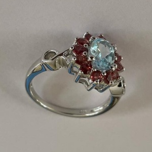 Handmade Women's Natural Sky Blue Topaz and Garnet <b>Ring</b> 925 Sterling Silver <b>Statement</b> <b>Ring</b> Everyday Wear by Shah Gems - Product Image 1