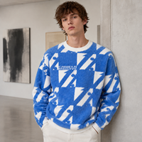 Pull en maille jacquard personnalisé à col rond avec logo frontal pour homme, en mohair tricoté, décontracté, à manches longues, coupe oversize, idéal pour l'hiver
