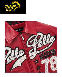 Chaqueta de Cuero Roja Personalizada Estilo Varsity con Bordado en la Parte Delantera y Cierre de Cremallera - Product Image 2