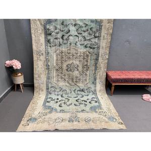 พรมวินเทจขนาด 5.3x9.6 ฟุต, พรม, พรมลายดอกไม้สีน้ำเงินทำจากขนสัตว์ - Product Image 1