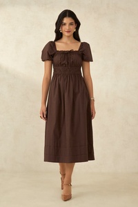 Attrayant bordeaux été vacances longue rayonne dames Maxi robe femmes décontracté à manches courtes col carré plage robe mi-longue - Product Image 4