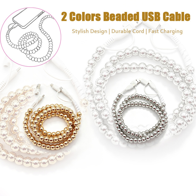 4 in 1 Luxury Gold Silver Beaded Bracelet USB Cable Fashion Decorative Phone Charging Cord Creative